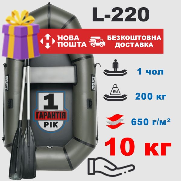 🚣 Човен ПВХ PROFI L-220 - легкий одномісний зі збільшеною вантажопідйомністю