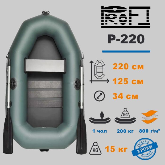 🏆 Човен ПВХ PROFI P-220 - посилена одномісна зі збільшеною вантажопідйомністю (гарантія 3 роки)